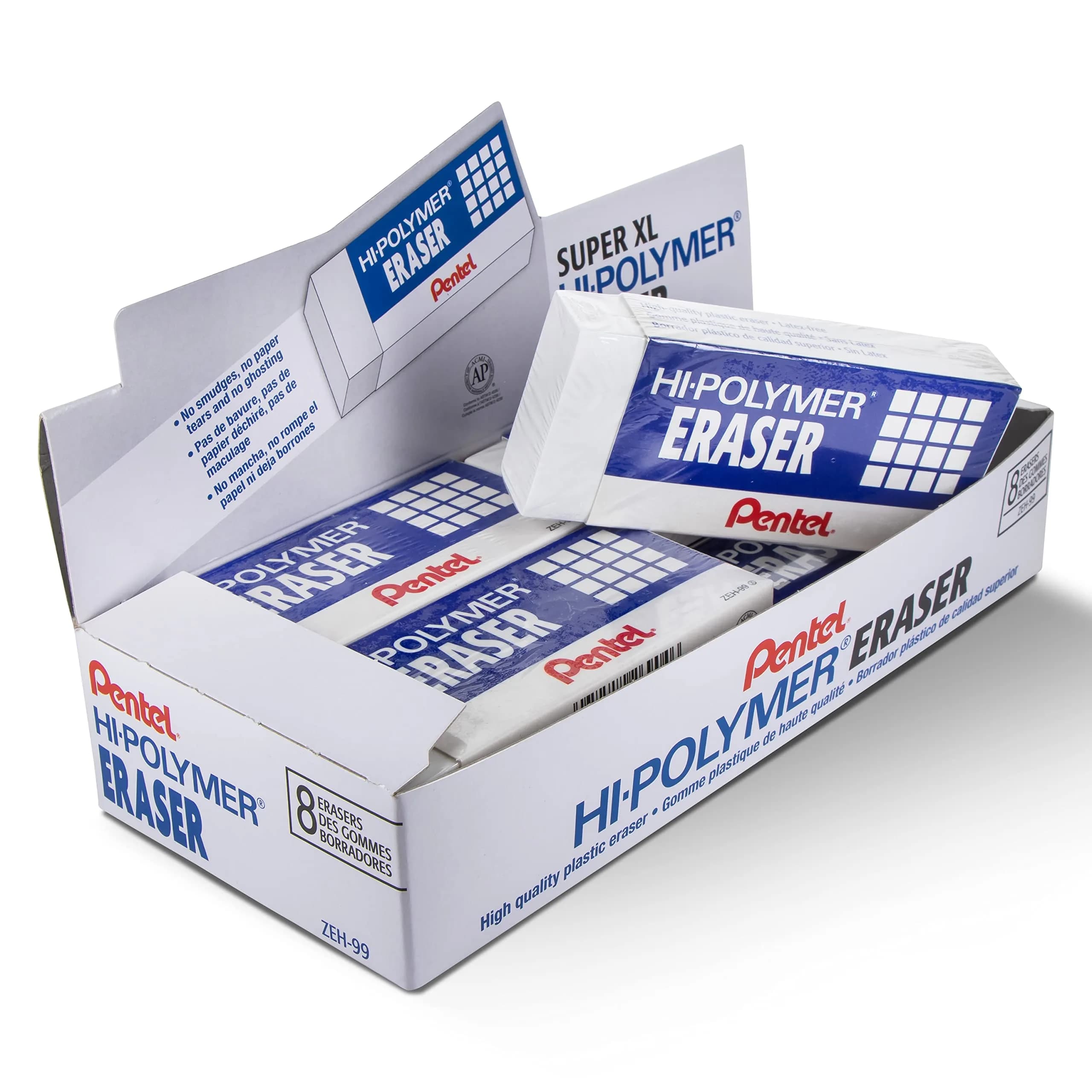 Pentel Hi-Polymer Block Eraser, Super XL White, 8-Pack | Latex-Free, Large Block for Precise Erasing