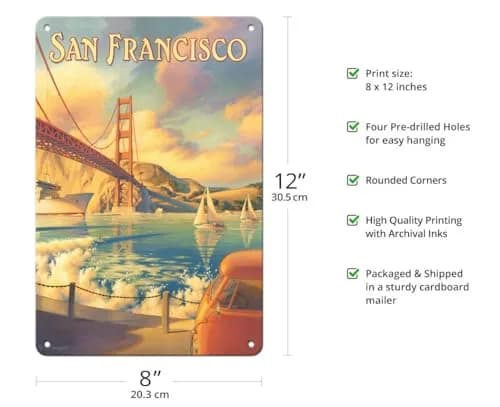Pacifica Island Art Golden Gate Bridge Metal Sign 8x12 Inch | Vintage Travel Poster thumbnail 2