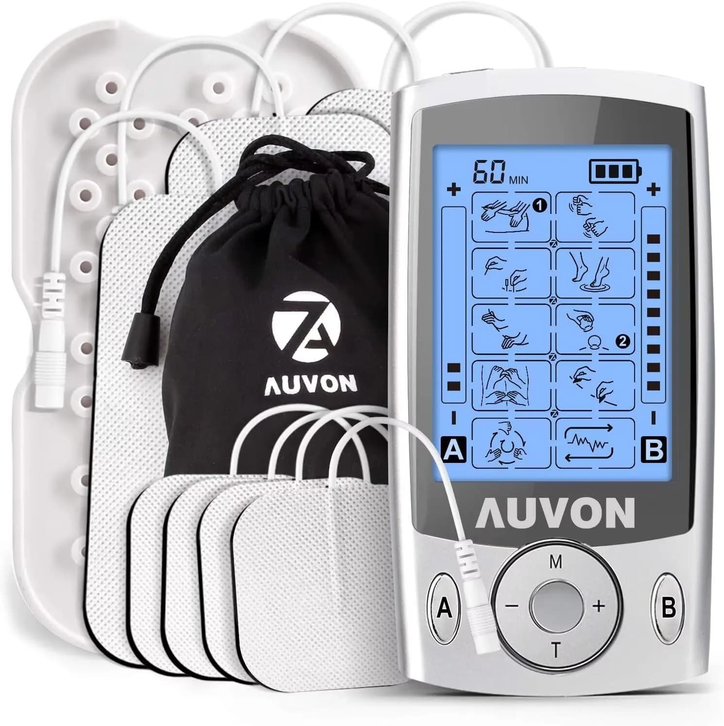 AUVON Dual Channel TENS Unit Muscle Stimulator Machine 16 Piece Set | Drug-Free Pain Relief for Shoulder, Lower Back, Knee - main product image