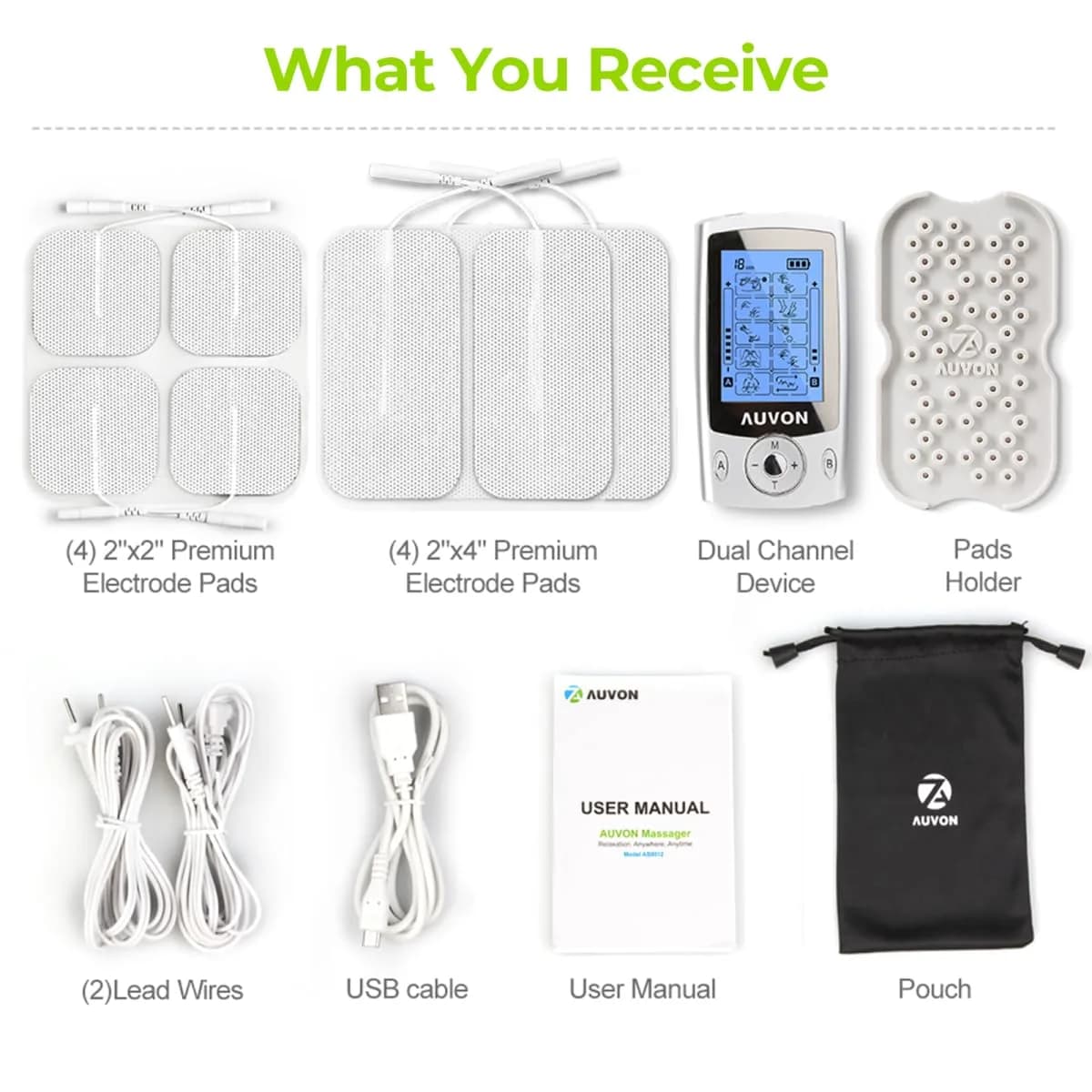 AUVON Dual Channel TENS Unit Muscle Stimulator Machine 16 Piece Set | Drug-Free Pain Relief for Shoulder, Lower Back, Knee - view 8