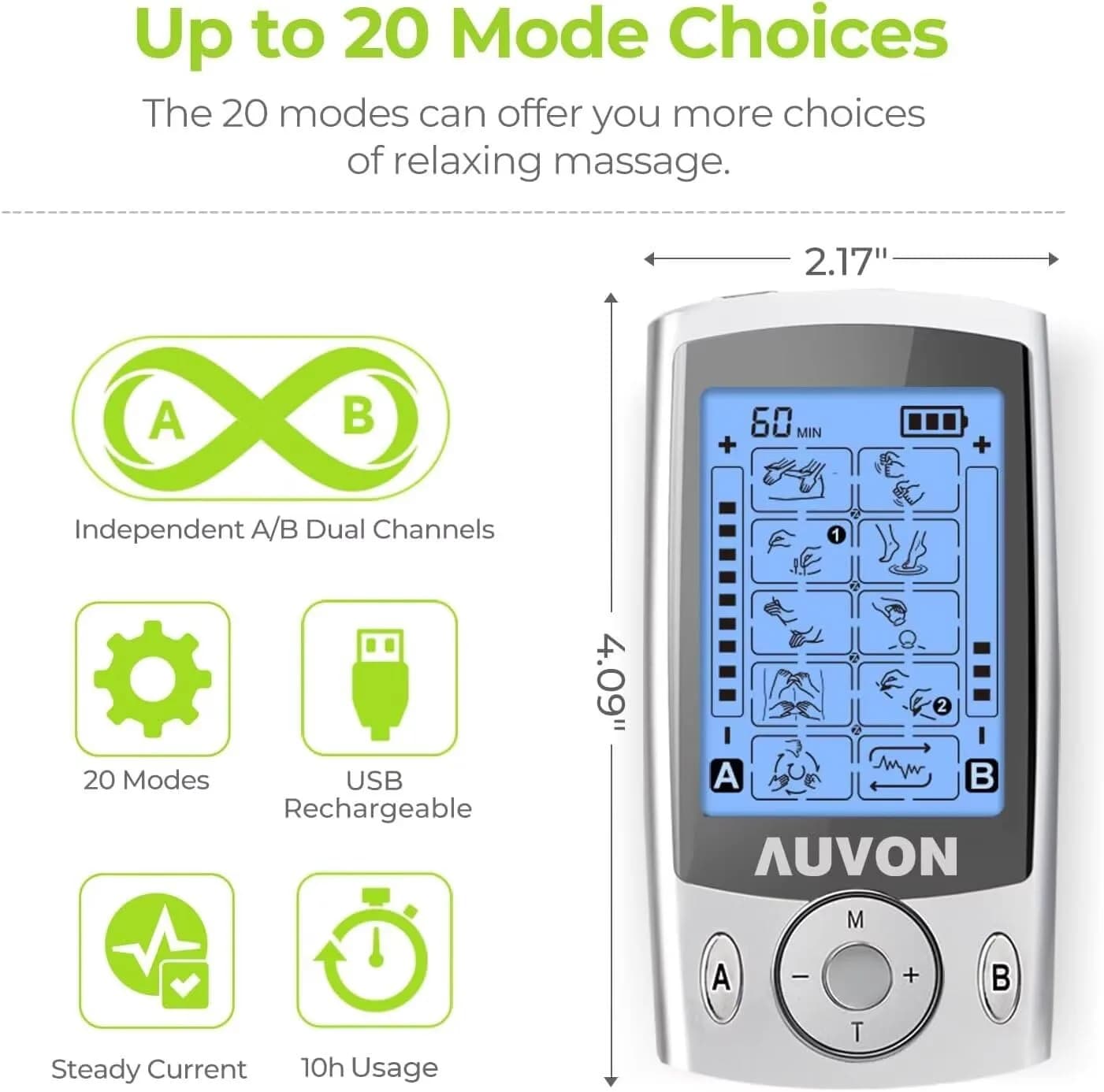 AUVON Dual Channel TENS Unit Muscle Stimulator Machine 16 Piece Set | Drug-Free Pain Relief for Shoulder, Lower Back, Knee - view 4