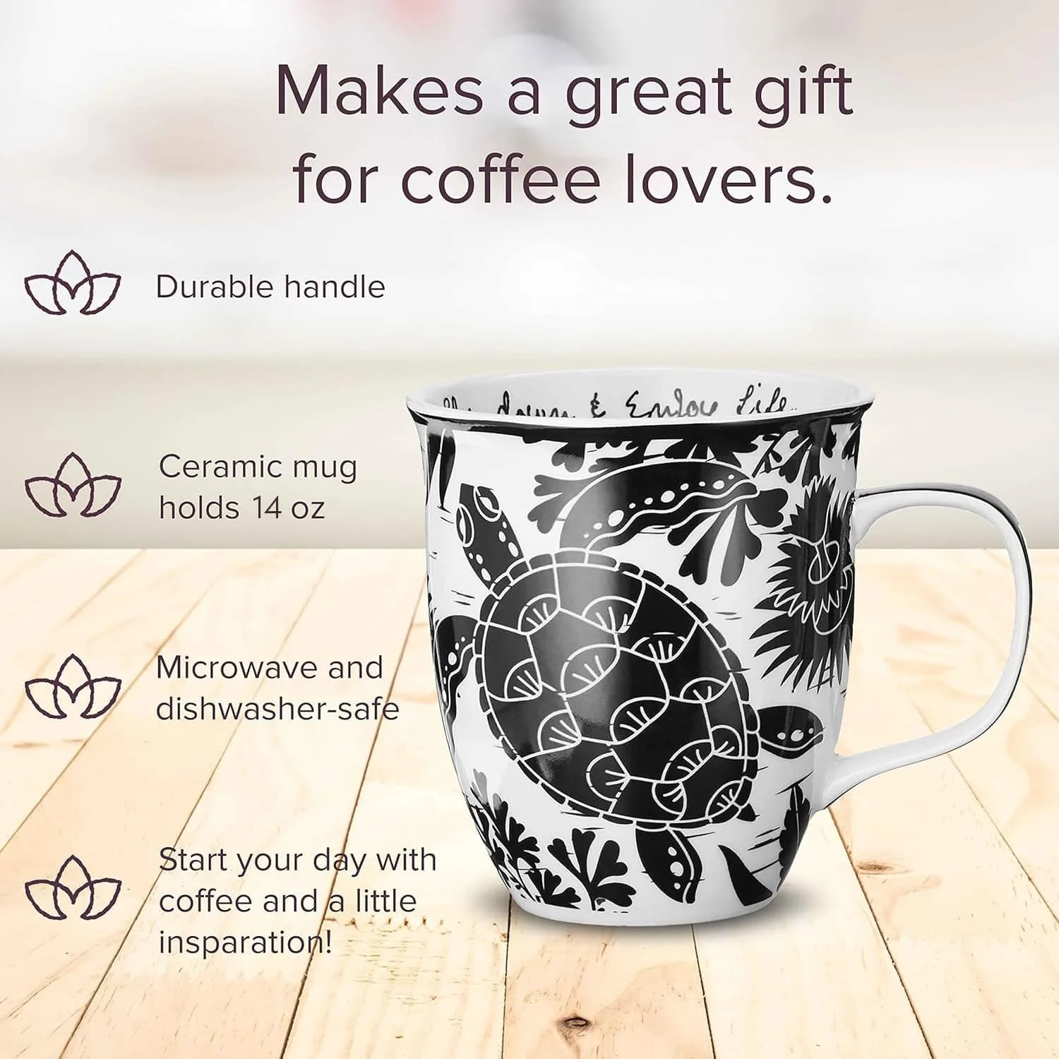 Karma Gifts 14 oz Black and White Boho Mug | Ceramic Coffee & Tea Mug, Sea Turtle Design, Reusable, Microwave & Dishwasher Safe thumbnail 2