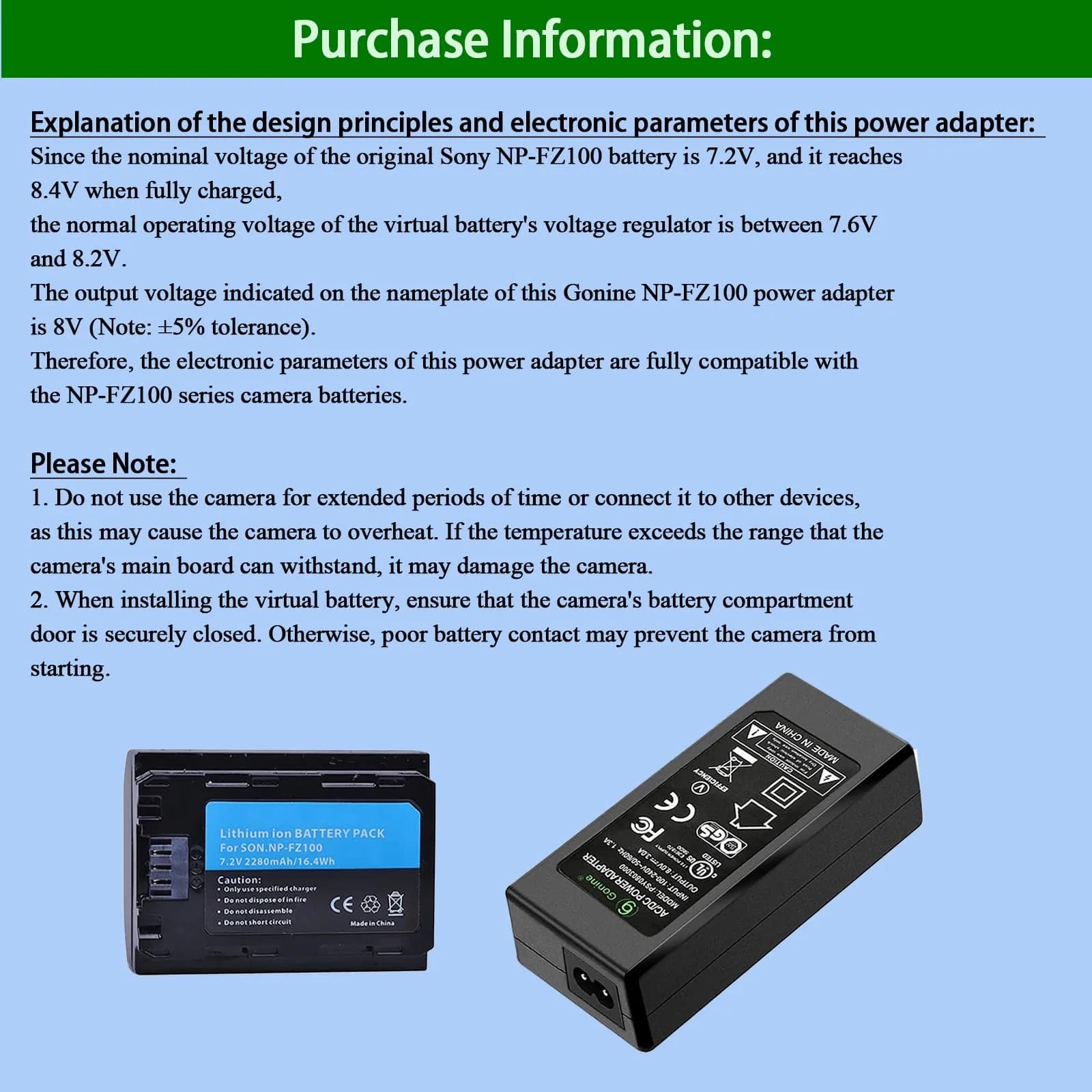 Gonine NP-FZ100 Dummy Battery Power Adapter Kit for Sony Alpha A7 V, A7R V, A7 IV, A7R IV, A7 III, A7S III, A7R III, FX3, FX30, A6600, A6700, ZV-E1, ZV-E10 II, A7C, A7C II, A7CR, A1 Cameras | Continuous Power Solution - view 5