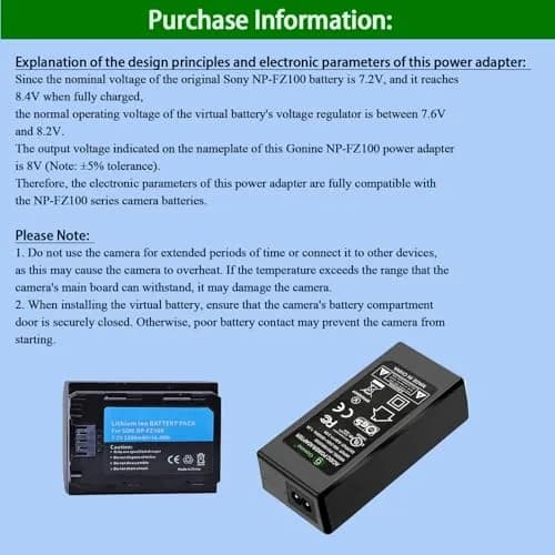 Gonine NP-FZ100 Dummy Battery Power Adapter Kit for Sony Alpha A7 V, A7R V, A7 IV, A7R IV, A7 III, A7S III, A7R III, FX3, FX30, A6600, A6700, ZV-E1, ZV-E10 II, A7C, A7C II, A7CR, A1 Cameras | Continuous Power Solution thumbnail 5