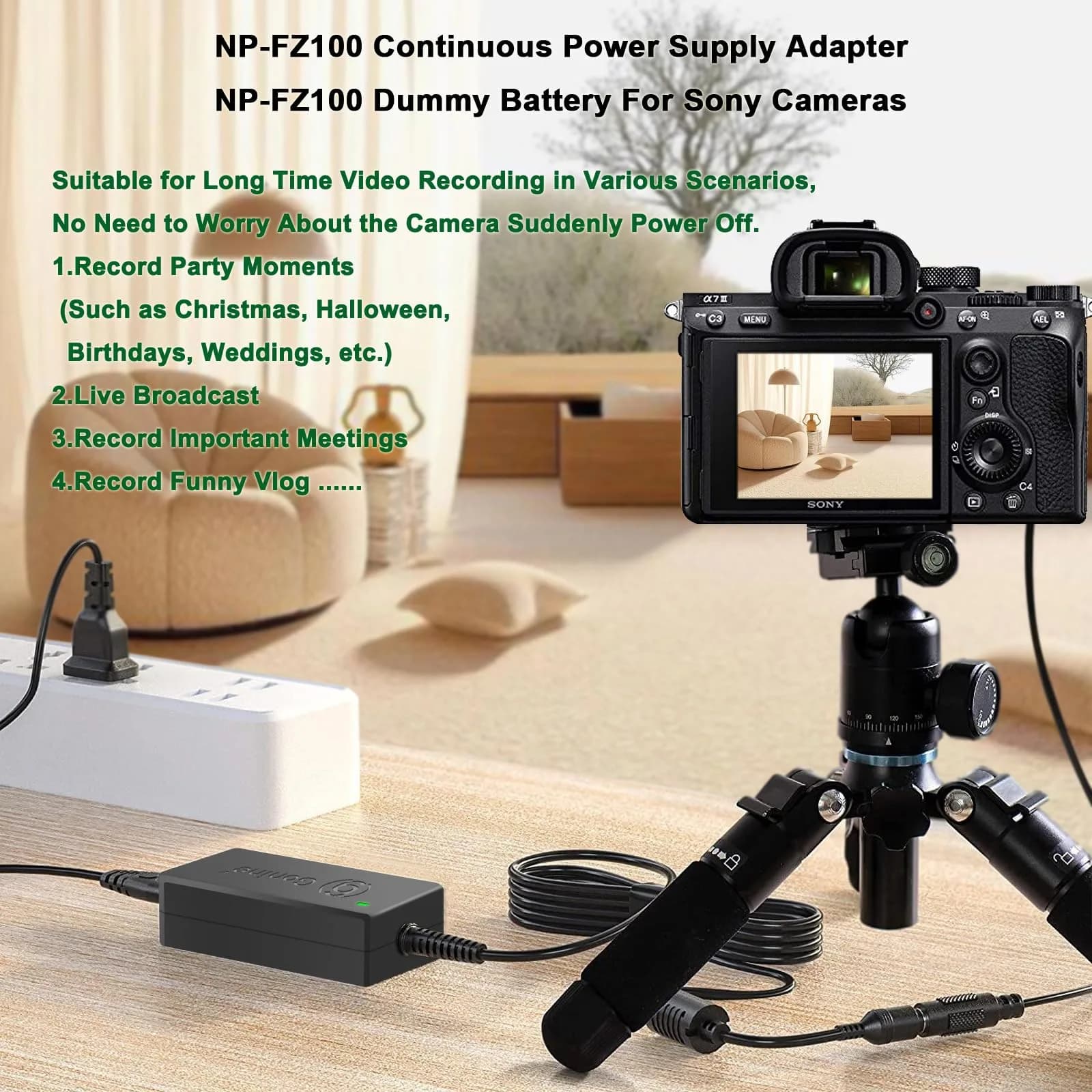 Gonine NP-FZ100 Dummy Battery Power Adapter Kit for Sony Alpha A7 V, A7R V, A7 IV, A7R IV, A7 III, A7S III, A7R III, FX3, FX30, A6600, A6700, ZV-E1, ZV-E10 II, A7C, A7C II, A7CR, A1 Cameras | Continuous Power Solution - view 6