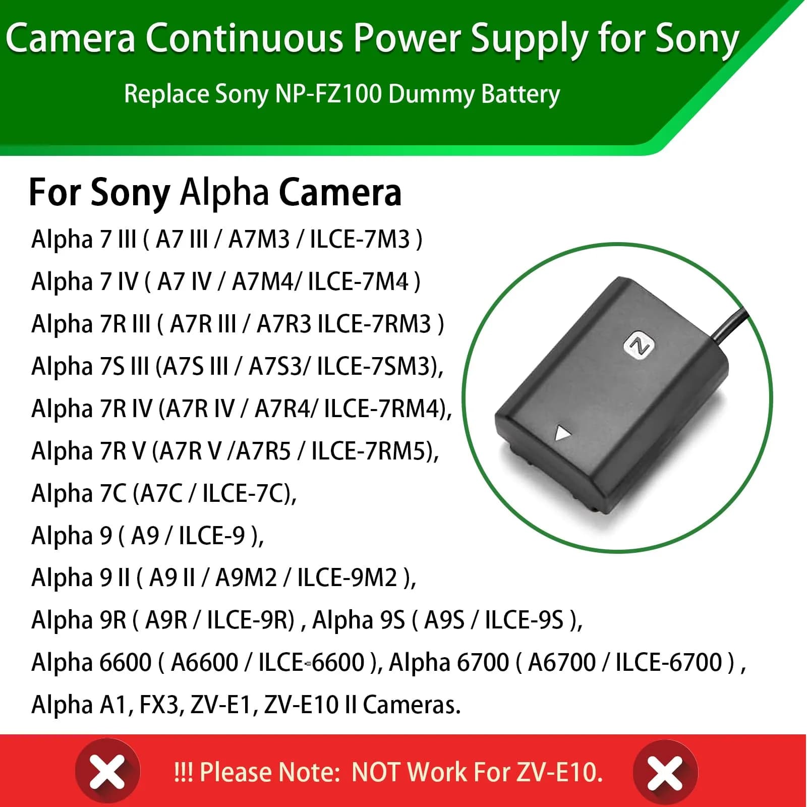 Gonine NP-FZ100 Dummy Battery Power Adapter Kit for Sony Alpha A7 V, A7R V, A7 IV, A7R IV, A7 III, A7S III, A7R III, FX3, FX30, A6600, A6700, ZV-E1, ZV-E10 II, A7C, A7C II, A7CR, A1 Cameras | Continuous Power Solution - view 2