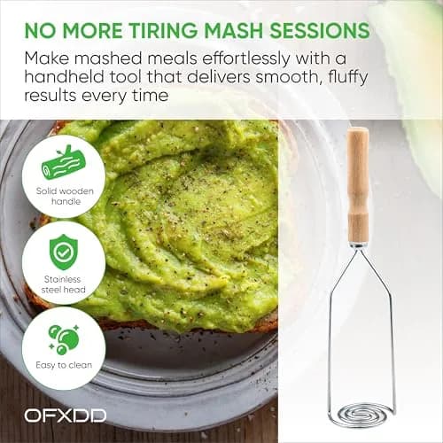 OFXDD Wooden Handle Potato Masher | Stainless Steel Spiral Form, 10.2 in (26 cm) thumbnail 2