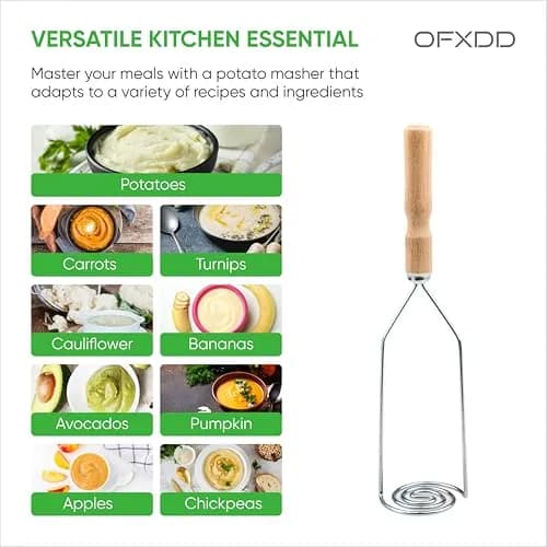 OFXDD Wooden Handle Potato Masher | Stainless Steel Spiral Form, 10.2 in (26 cm) thumbnail 3