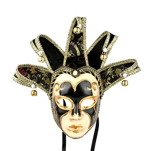 YU FENG Black Jester Mask With Bells, Venetian Masquerade Costume | Eye-Catching Carnival Mask (70-120 chars) thumbnail 1
