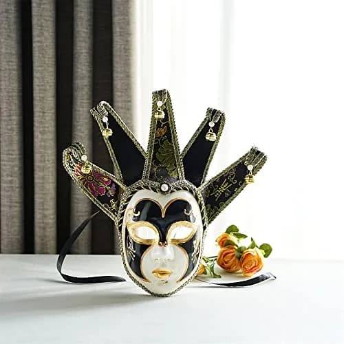YU FENG Black Jester Mask With Bells, Venetian Masquerade Costume | Eye-Catching Carnival Mask (70-120 chars) thumbnail 4