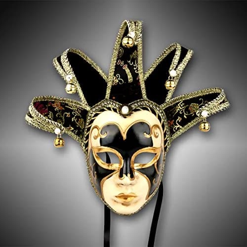 YU FENG Black Jester Mask With Bells, Venetian Masquerade Costume | Eye-Catching Carnival Mask (70-120 chars) thumbnail 2