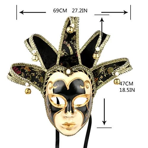 YU FENG Black Jester Mask With Bells, Venetian Masquerade Costume | Eye-Catching Carnival Mask (70-120 chars) thumbnail 3