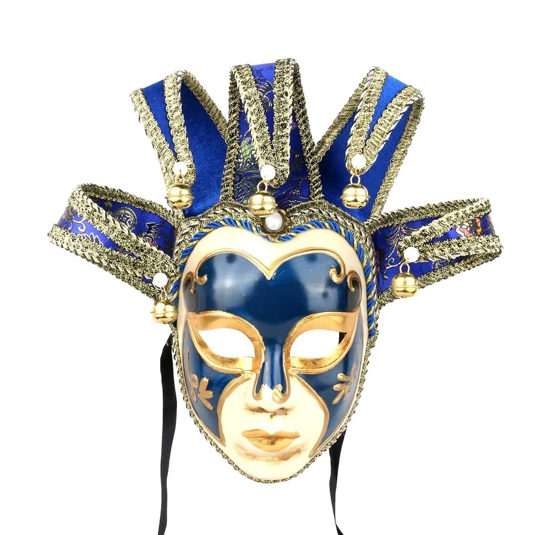 YU FENG Blue Jester Mask Venetian Masquerade Mask with Bells & Pearls, One Size - main product image
