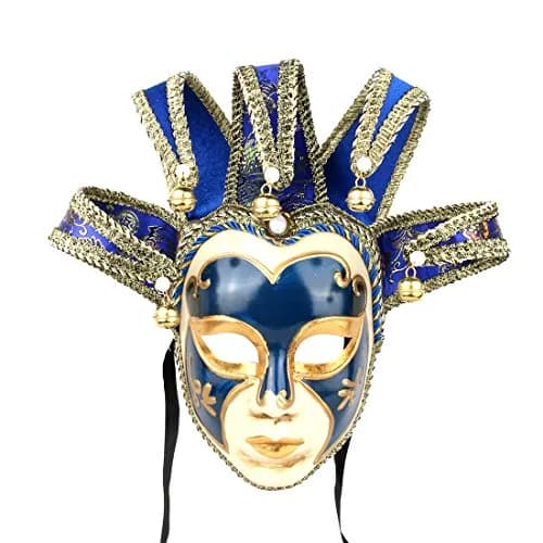 YU FENG Blue Jester Mask Venetian Masquerade Mask with Bells & Pearls, One Size thumbnail 1