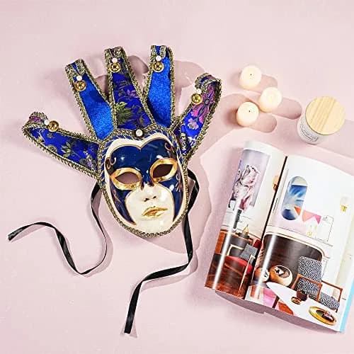YU FENG Blue Jester Mask Venetian Masquerade Mask with Bells & Pearls, One Size thumbnail 4
