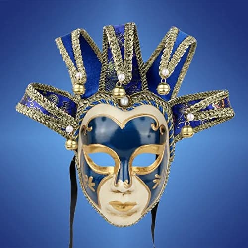 YU FENG Blue Jester Mask Venetian Masquerade Mask with Bells & Pearls, One Size thumbnail 5
