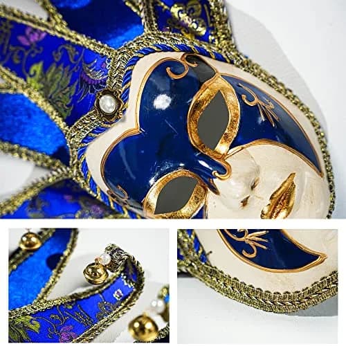YU FENG Blue Jester Mask Venetian Masquerade Mask with Bells & Pearls, One Size thumbnail 6