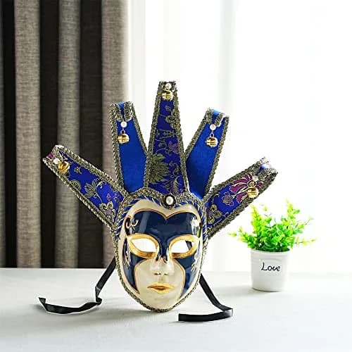 YU FENG Blue Jester Mask Venetian Masquerade Mask with Bells & Pearls, One Size thumbnail 3