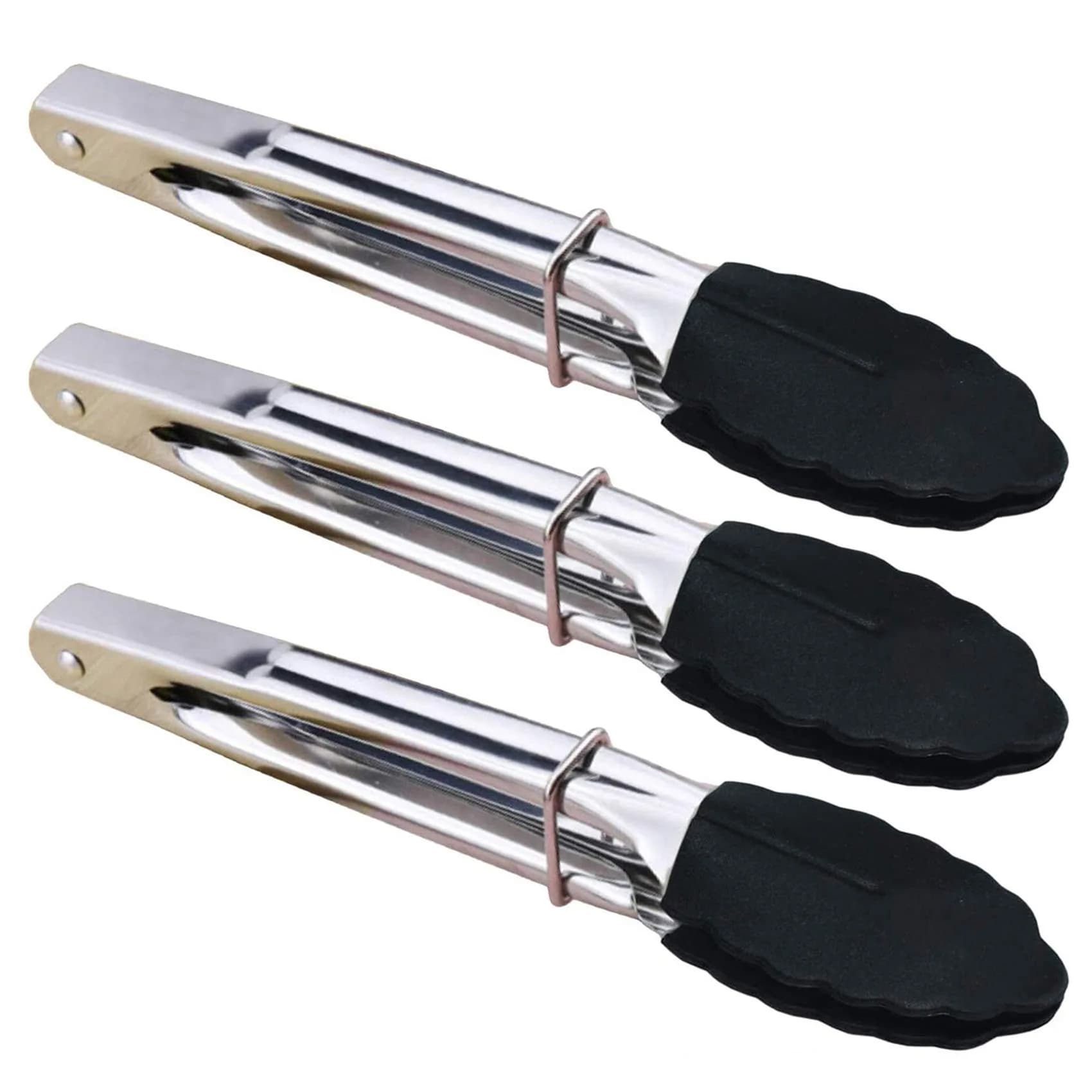 HINMAY Mini Tongs with Silicone Tips 7-Inch Kitchen Tongs, Set of 3 (Black) | Durable, Food Grade Stainless Steel & Silicone