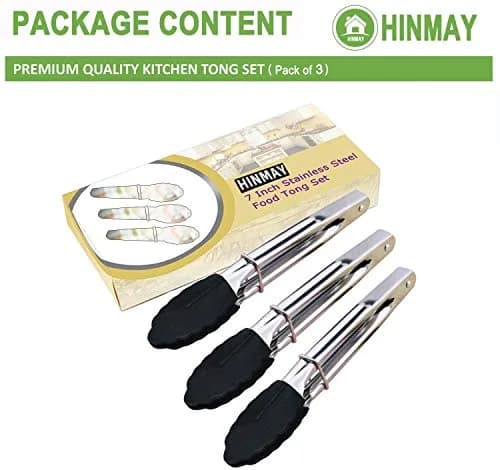 HINMAY Mini Tongs with Silicone Tips 7-Inch Kitchen Tongs, Set of 3 (Black) | Durable, Food Grade Stainless Steel & Silicone thumbnail 3