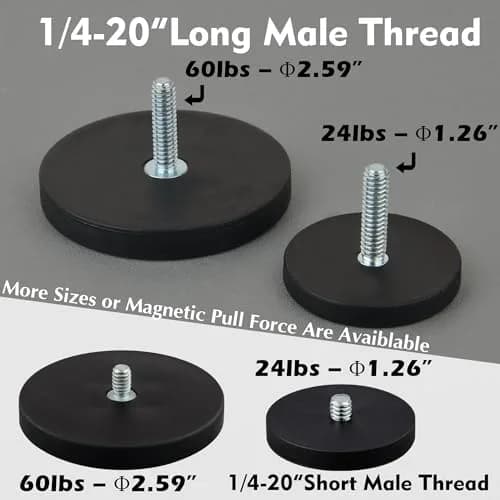 MUTUACTOR Rubber Coated Neodymium Magnet 43mm (1.69") Diameter, 24 lbs Pull Force, 1/4-20" Male Thread Stud (4-Pack) thumbnail 7
