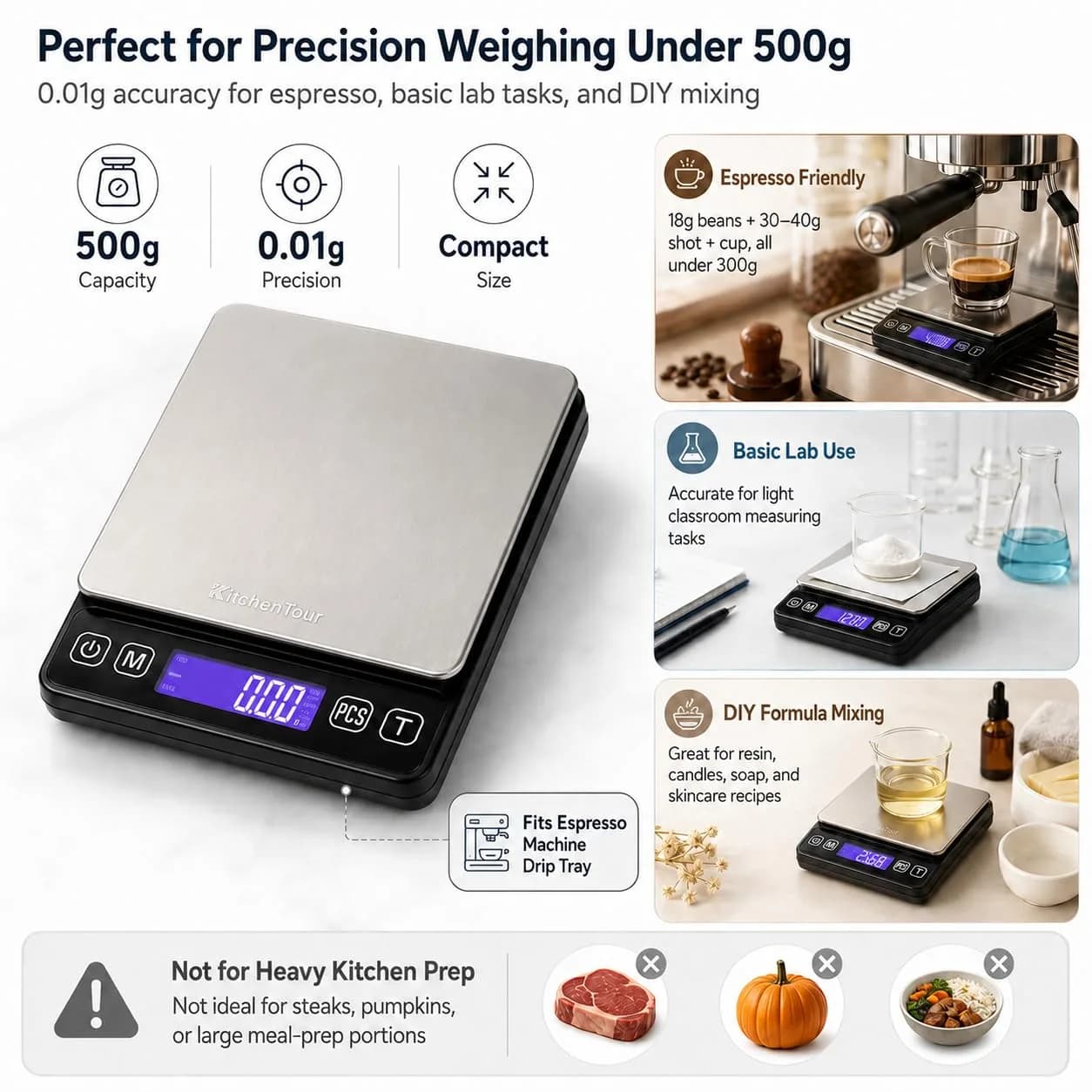 K KitchenTour Black 500g x 0.01g Precision Digital Scale | Accurate Weighing for Coffee, Jewelry, and Ingredients - view 5