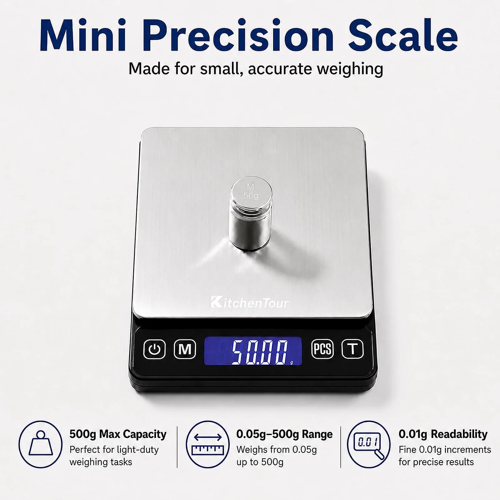 K KitchenTour Black 500g x 0.01g Precision Digital Scale | Accurate Weighing for Coffee, Jewelry, and Ingredients - view 2