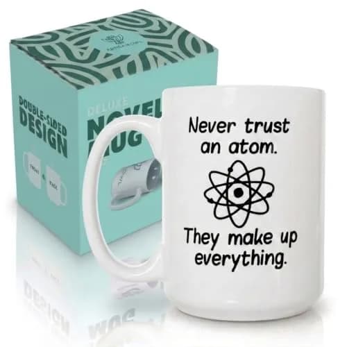 Artisan Owl "Never Trust an Atom, They Make Up Everything" 15oz Ceramic Coffee Cup | Funny Science Joke Mug for Scientists, Teachers, Nerds & Geeks thumbnail 1
