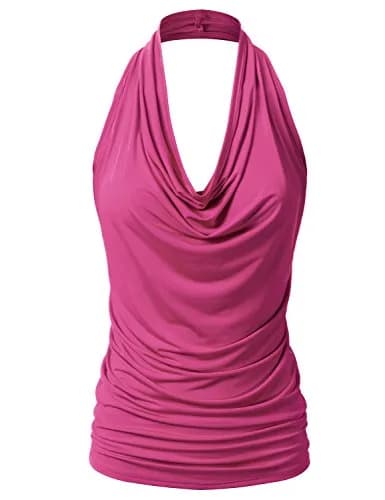 EIMIN Women's Casual Halter Neck Draped Front Sexy Open Back Tank Top | Fuchsia L thumbnail 1