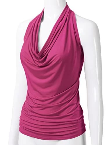 EIMIN Women's Casual Halter Neck Draped Front Sexy Open Back Tank Top | Fuchsia L thumbnail 2