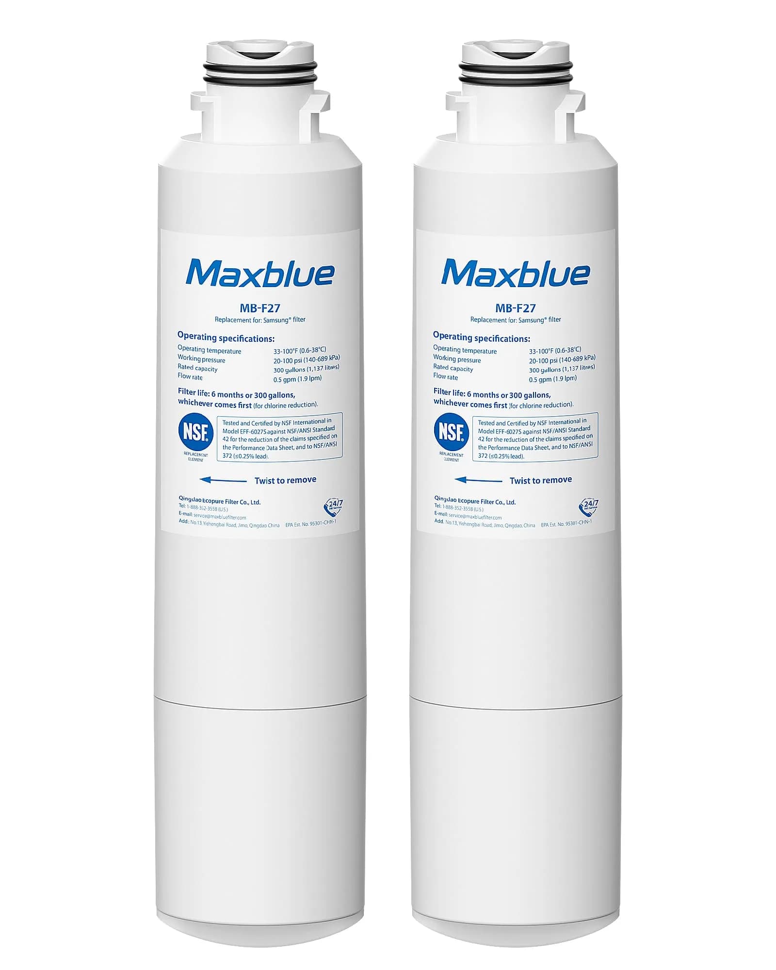 Maxblue MB-F27 Replacement for Samsung DA29-00020B Water Filter 2 Pack | NSF Certified, Lead-Free, Pure Water - main product image