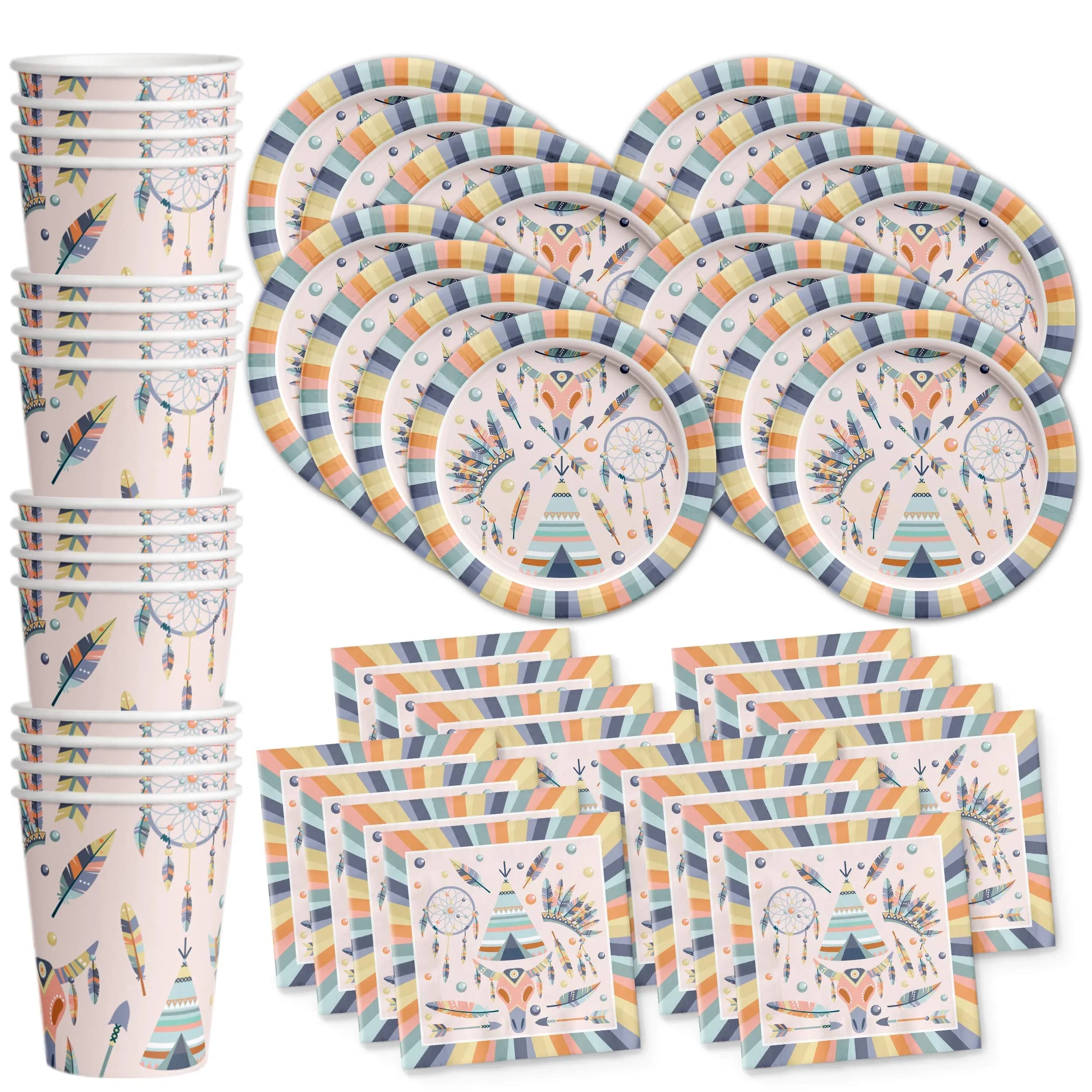 Birthday Galore Tribal Boho Party Supplies Set for 16 | Durable & Vibrant Design
