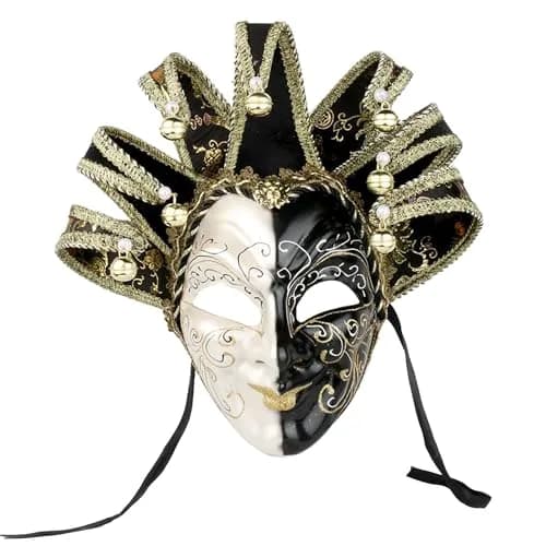 YU FENG Jester Mask Venetian Masquerade Mask, Black White Bell Costume | Full Face Carnival Mask, Hand Painted, 28.15x18.5in thumbnail 1