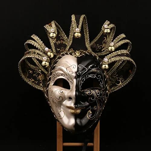 YU FENG Jester Mask Venetian Masquerade Mask, Black White Bell Costume | Full Face Carnival Mask, Hand Painted, 28.15x18.5in thumbnail 5