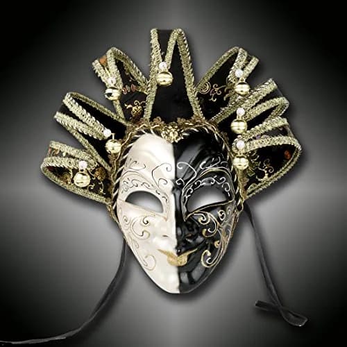 YU FENG Jester Mask Venetian Masquerade Mask, Black White Bell Costume | Full Face Carnival Mask, Hand Painted, 28.15x18.5in thumbnail 2