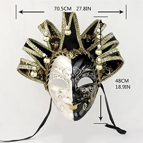 YU FENG Jester Mask Venetian Masquerade Mask, Black White Bell Costume | Full Face Carnival Mask, Hand Painted, 28.15x18.5in thumbnail 3