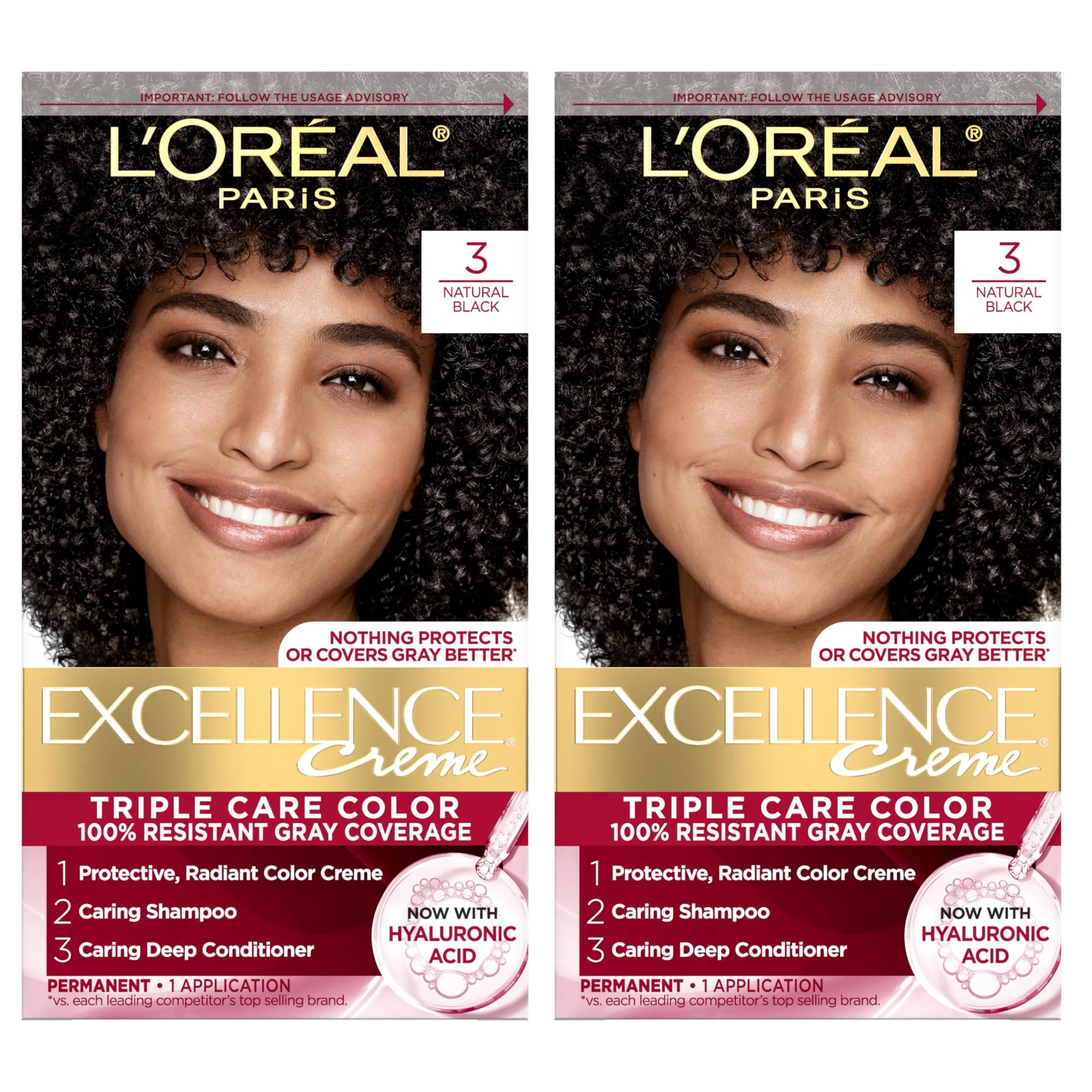 L'Oreal Paris Excellence Crème Permanent Hair Dye 3 Natural Black, 2 Kits | Triple Care Color with Hyaluronic Acid for 100% Gray Coverage