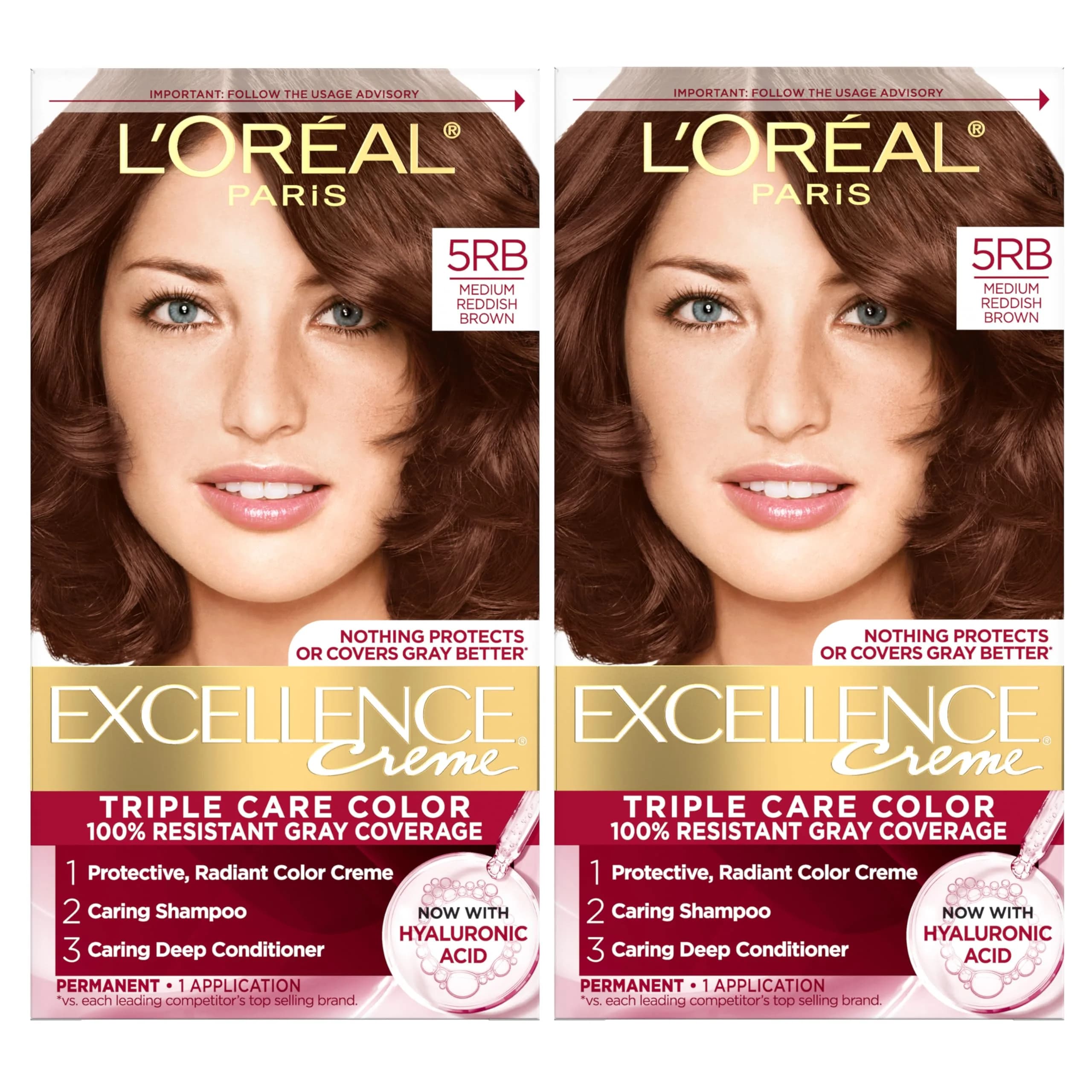 L'Oreal Paris Excellence Crème Permanent Hair Dye 5RB Medium Reddish Brown | Triple Care with Hyaluronic Acid for 100% Gray Coverage