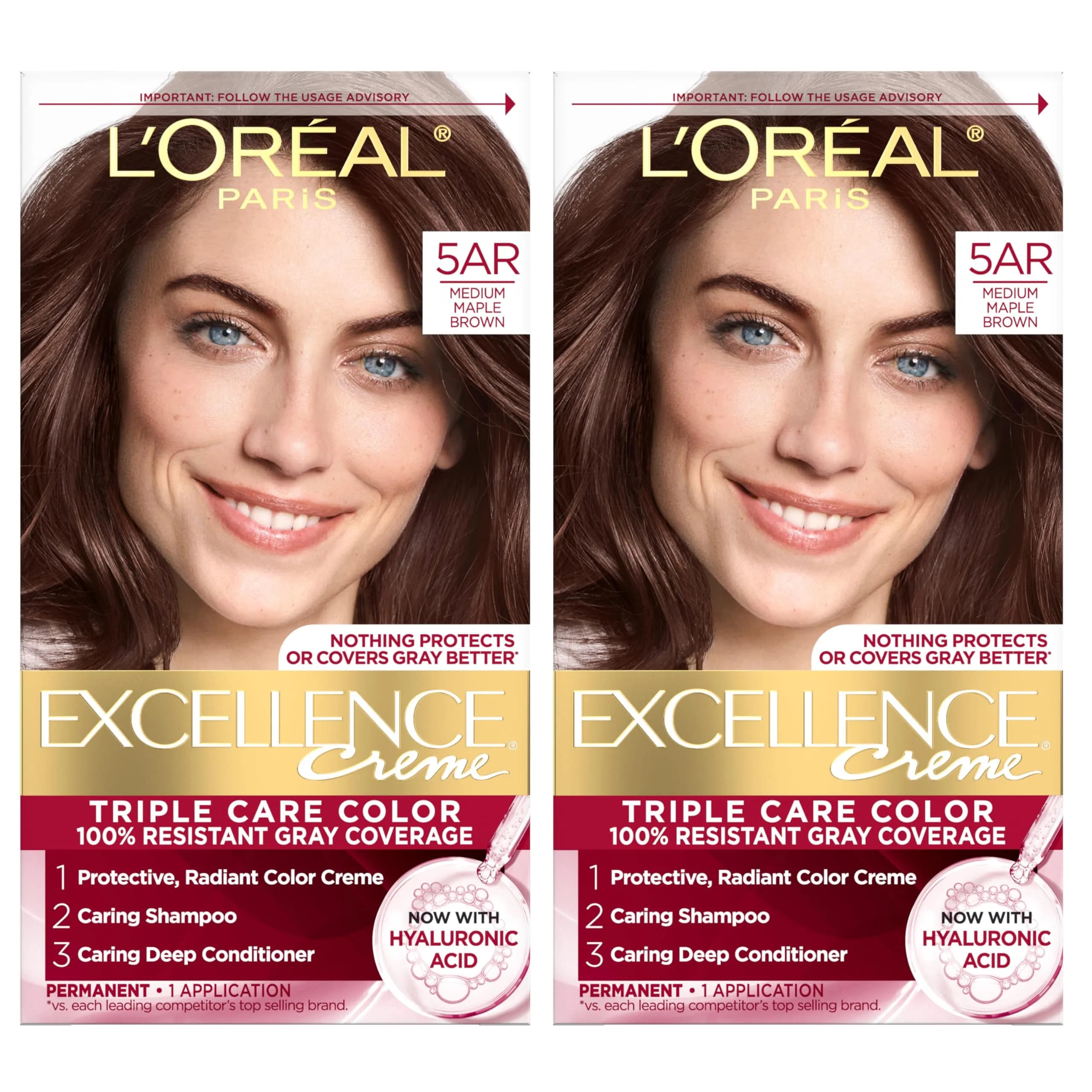 L'Oreal Paris Excellence Crème Permanent Hair Dye 5AR Medium Maple Brown, 2 Kits (Pack of 2) | Triple Care with Hyaluronic Acid for 100% Gray Coverage - main product image