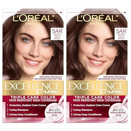 L'Oreal Paris Excellence Crème Permanent Hair Dye 5AR Medium Maple Brown, 2 Kits (Pack of 2) | Triple Care with Hyaluronic Acid for 100% Gray Coverage thumbnail 1