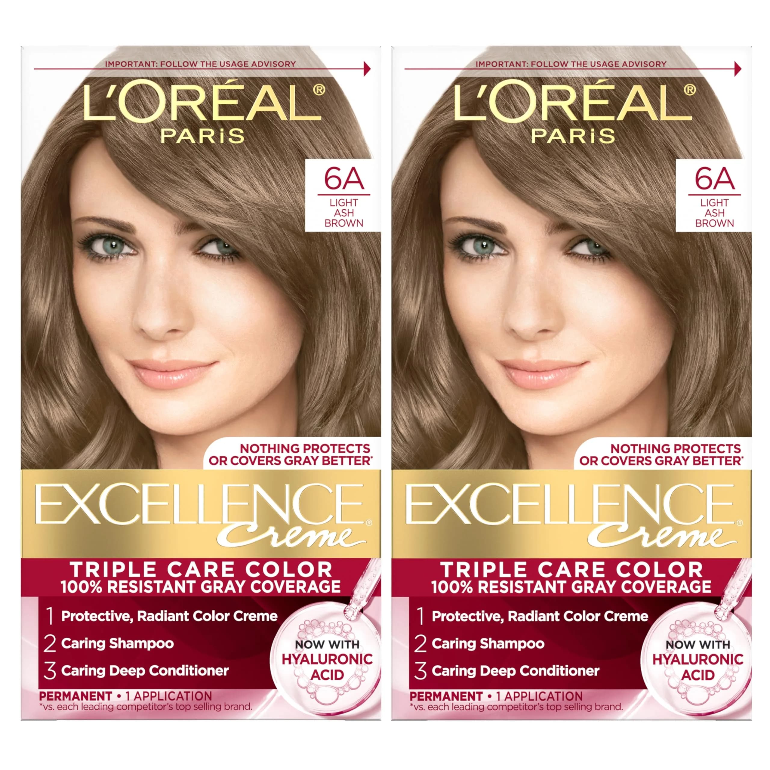 L'Oreal Paris Excellence Crème Permanent Hair Dye 6A Light Ash Brown 2 Kits | Triple Care Color with Hyaluronic Acid for 100% Gray Coverage - main product image