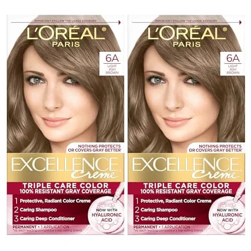 L'Oreal Paris Excellence Crème Permanent Hair Dye 6A Light Ash Brown 2 Kits | Triple Care Color with Hyaluronic Acid for 100% Gray Coverage thumbnail 1