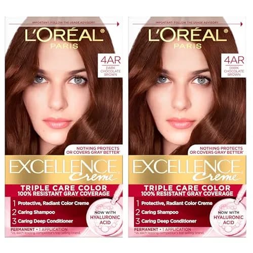 L'Oreal Paris Excellence Crème Permanent Hair Dye 4AR Dark Chocolate Brown, 2 Kits (156ml / 5.5 Fl Oz) | Triple Care Color with Hyaluronic Acid thumbnail 1