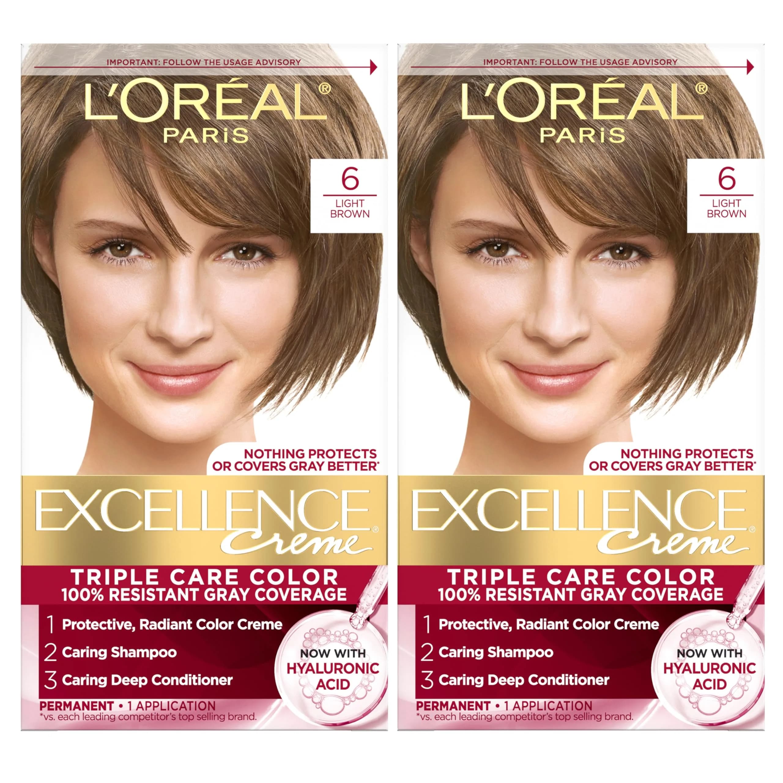 L'Oreal Paris Excellence Crème Permanent Hair Dye 6 Light Brown | Triple Care Color with Hyaluronic Acid for 100% Gray Coverage