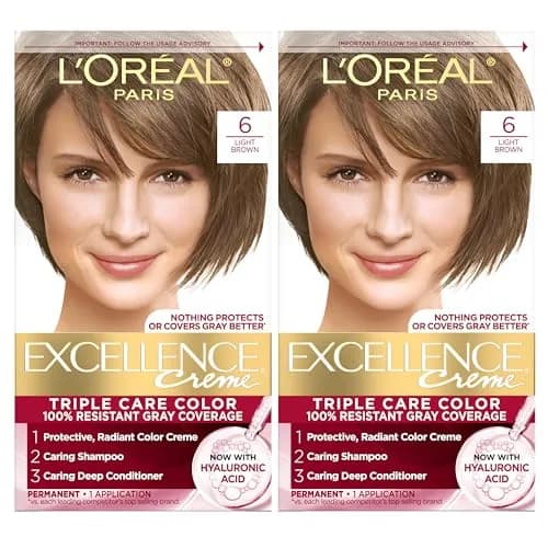 L'Oreal Paris Excellence Crème Permanent Hair Dye 6 Light Brown | Triple Care Color with Hyaluronic Acid for 100% Gray Coverage thumbnail 1