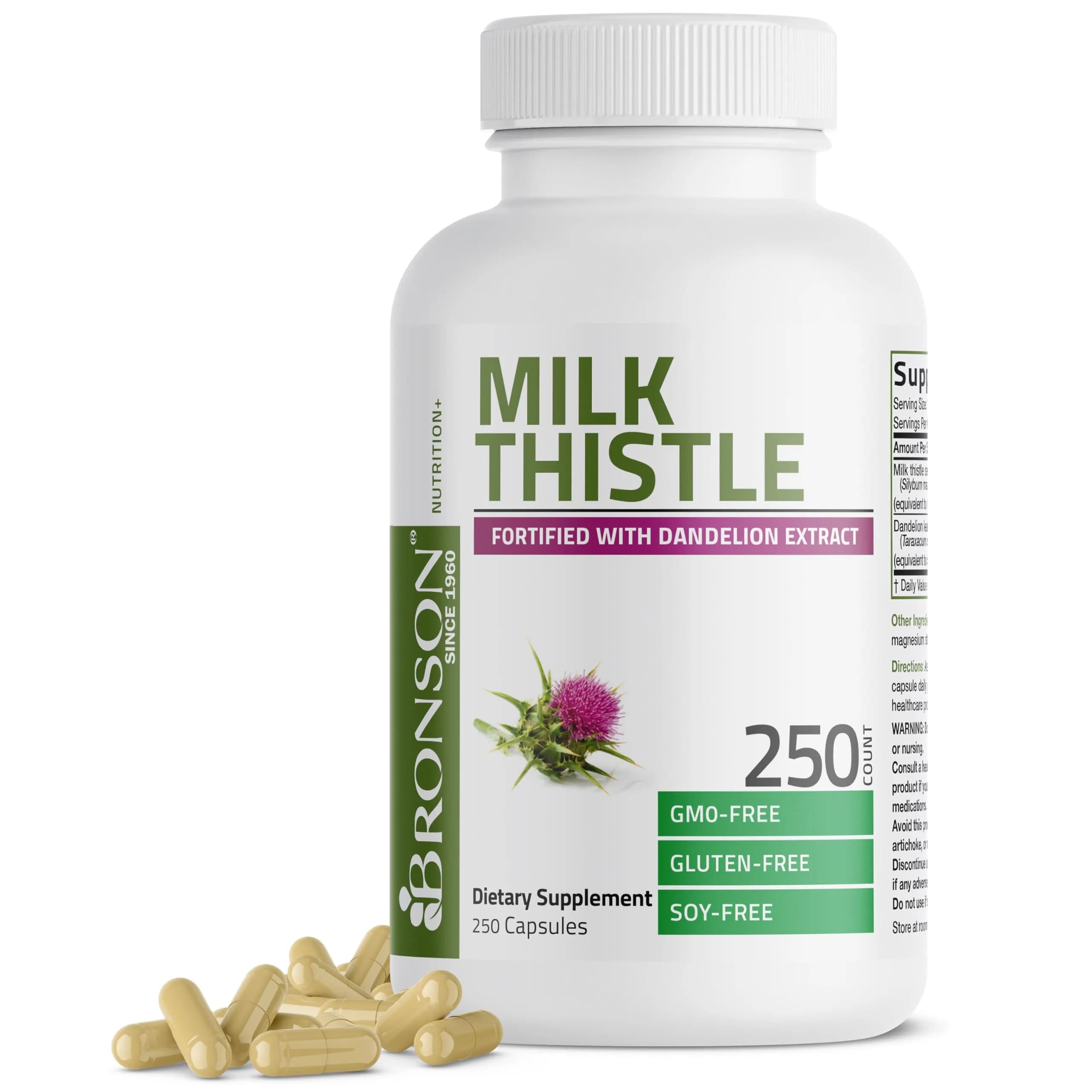 Bronson Milk Thistle Silymarin Marianum & Dandelion Extract 250 Capsules | Liver Support & Detox