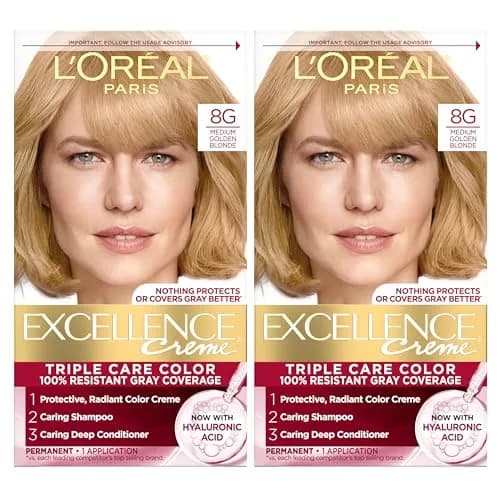 L'Oreal Paris Excellence Crème Hair Dye 8G Medium Golden Blonde 1 Kit (Pack of 2) | Triple Care Color with Hyaluronic Acid for 100% Gray Coverage thumbnail 1