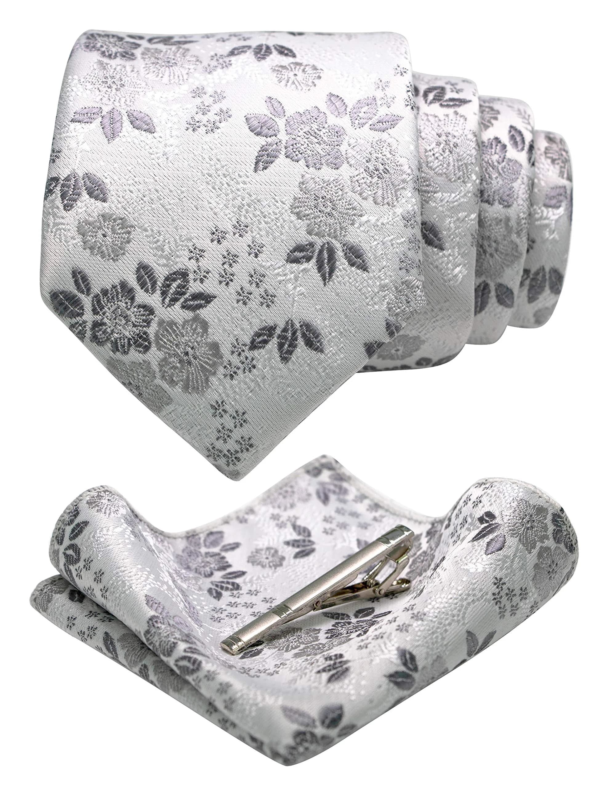 JEMYGINS Silk White Floral Necktie and Pocket Square, 147cm (58in) | Elegant Floral Design for Men