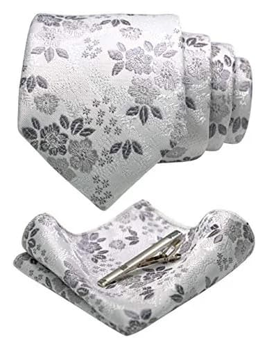 JEMYGINS Silk White Floral Necktie and Pocket Square, 147cm (58in) | Elegant Floral Design for Men thumbnail 1