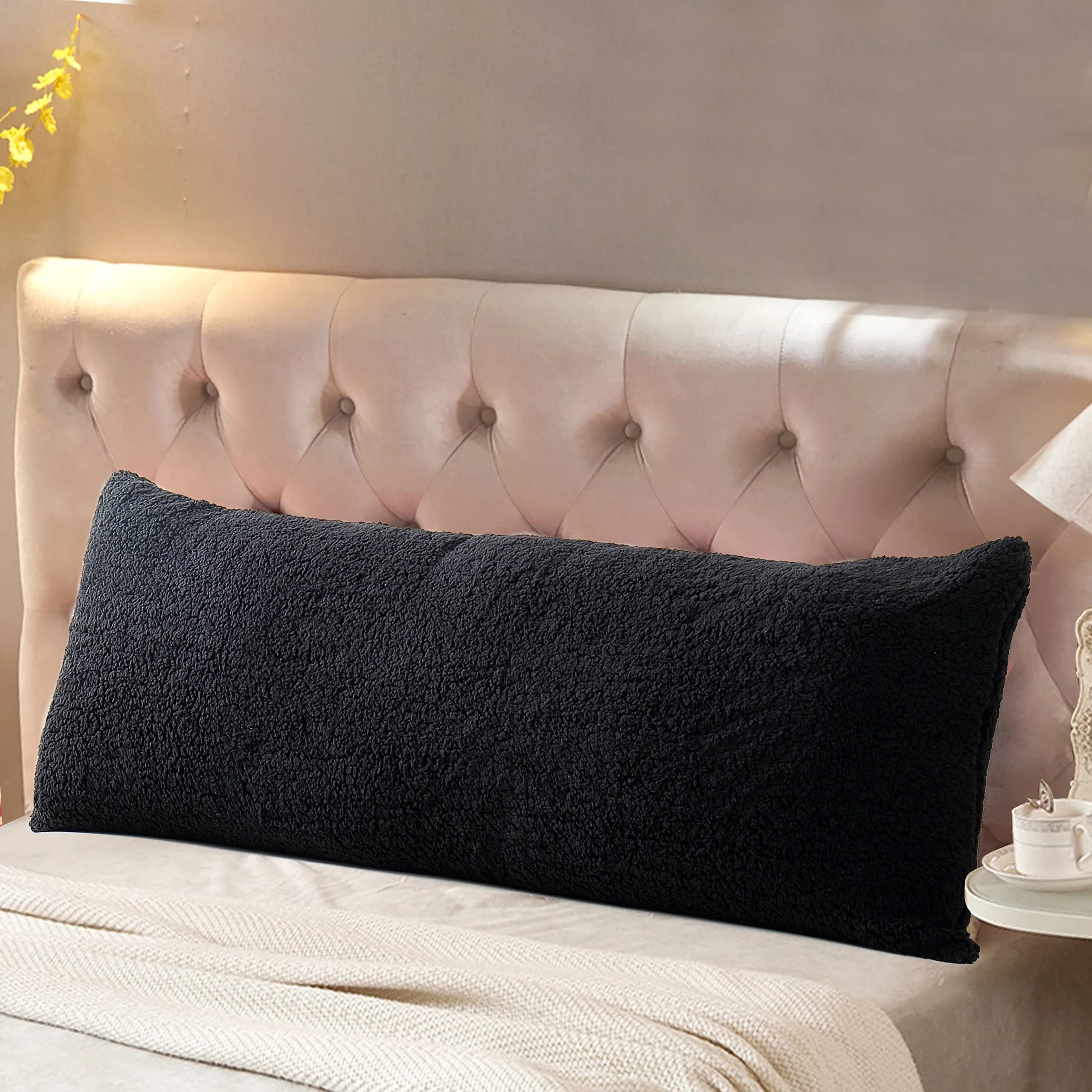 Reafort Sherpa Body Pillow Cover 21"x54" | Zipper Closure, Ultra Soft Plush Feel, Black — Black